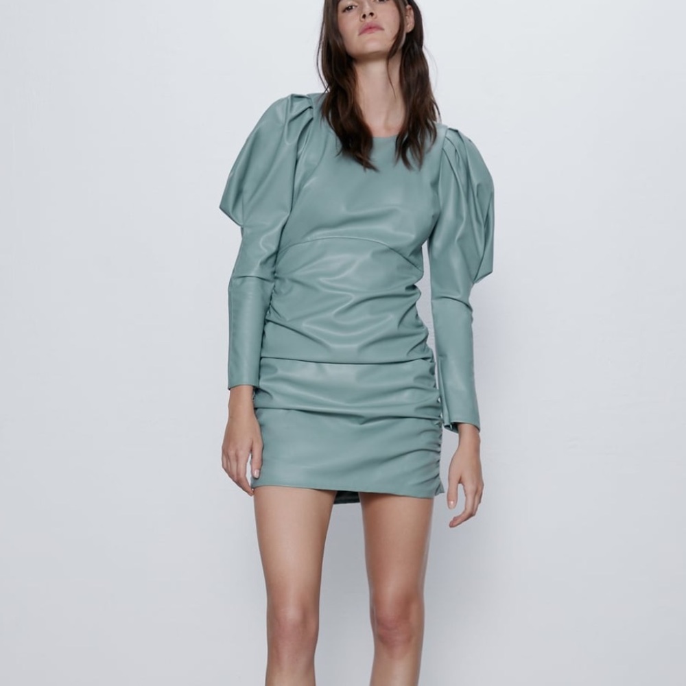 Zara Sage Green Faux Leather Puff-Sleeve Mini Dress